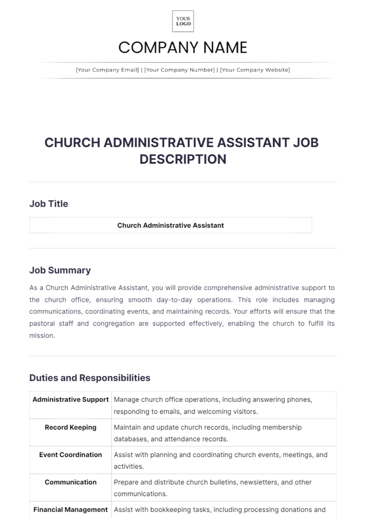 Church Administrative Assistant Job Description Template - Edit Online & Download