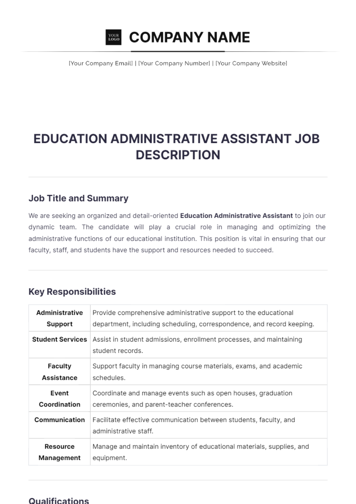 Education Administrative Assistant Job Description Template - Edit Online & Download