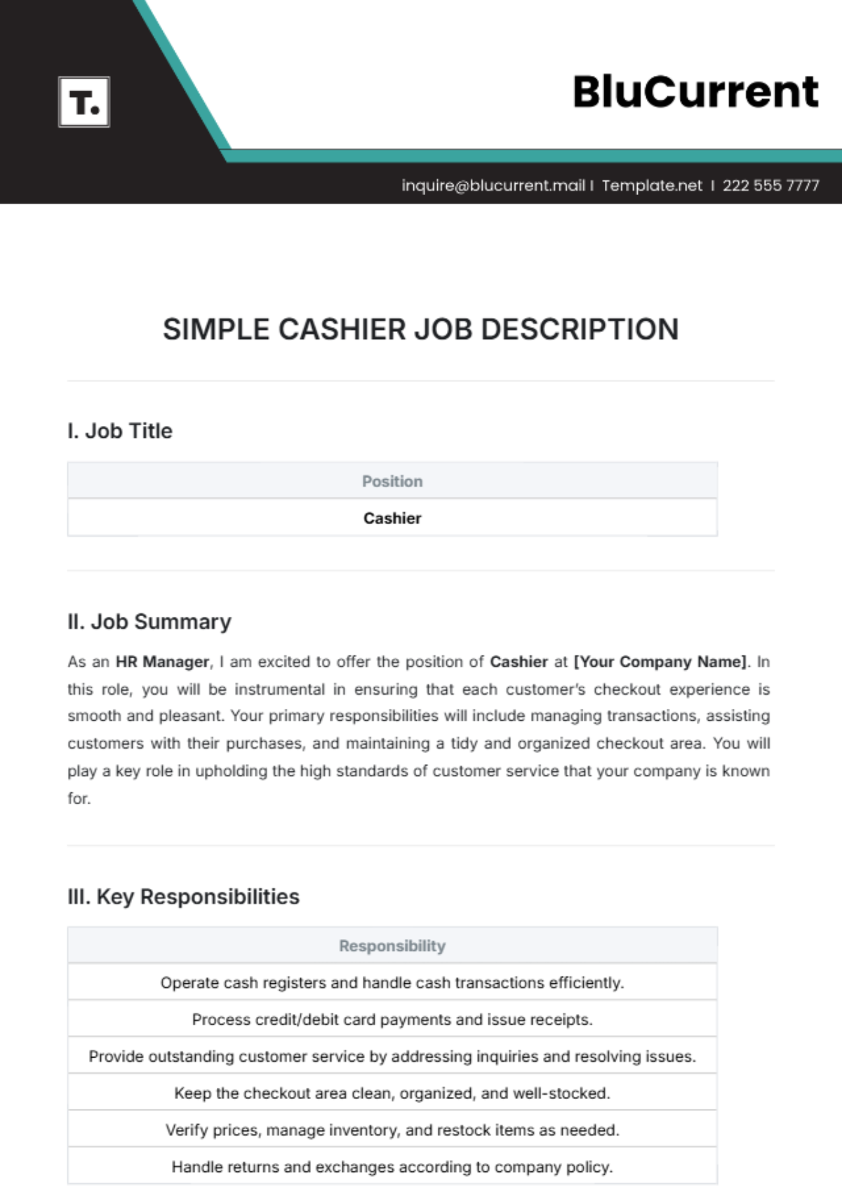 Simple Cashier Job Description Template - Edit Online & Download