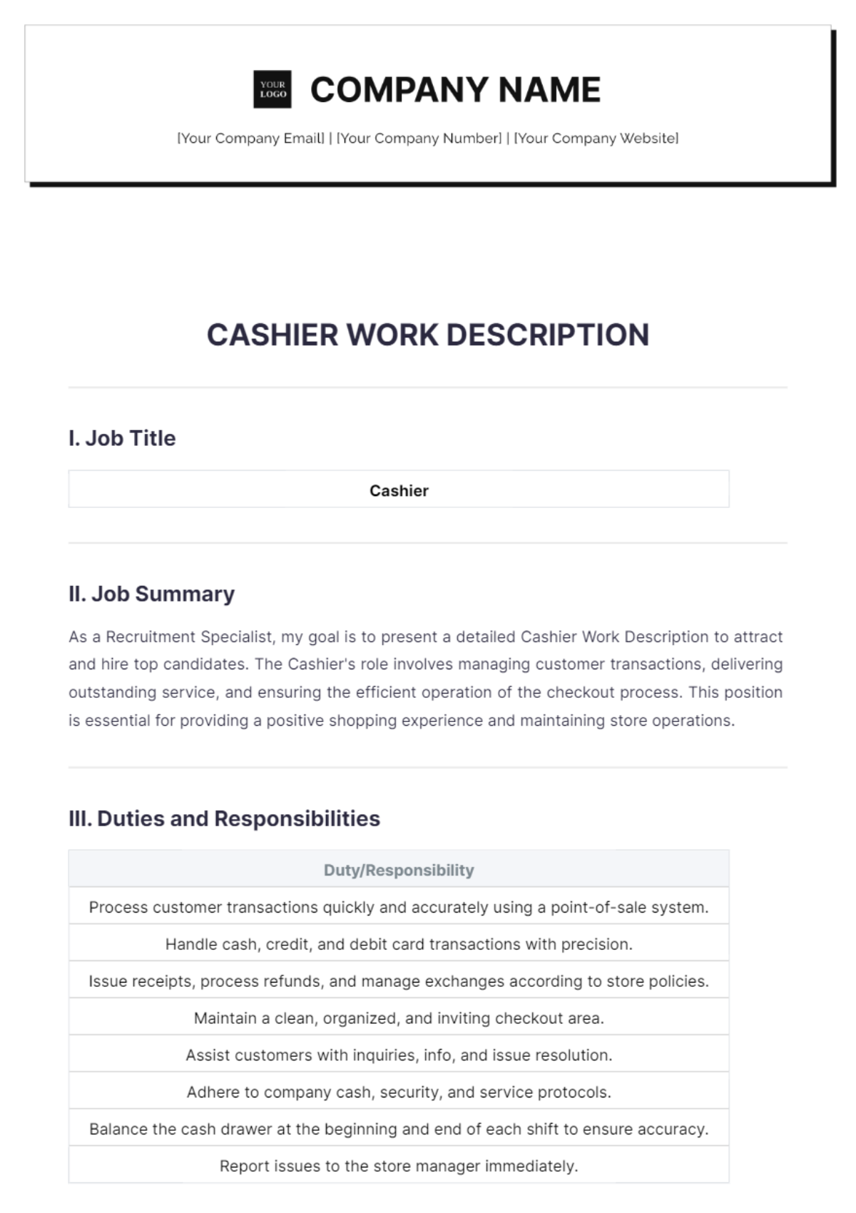 Cashier Work Description Template - Edit Online & Download