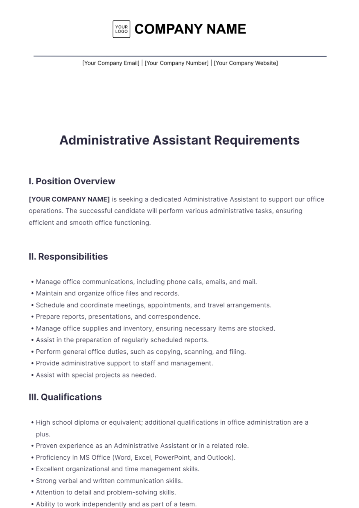 Administrative Assistant Requirements Template - Edit Online & Download