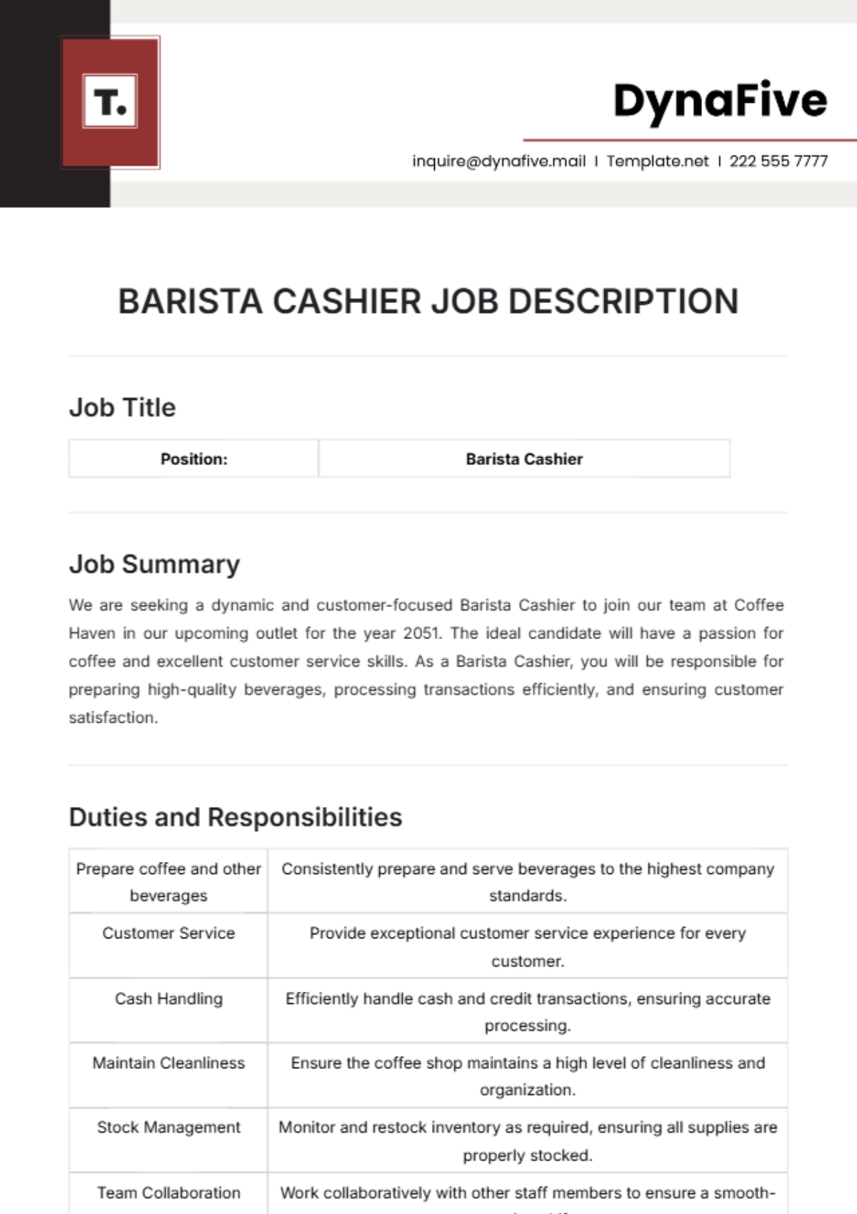 Barista Cashier Job Description Template - Edit Online & Download