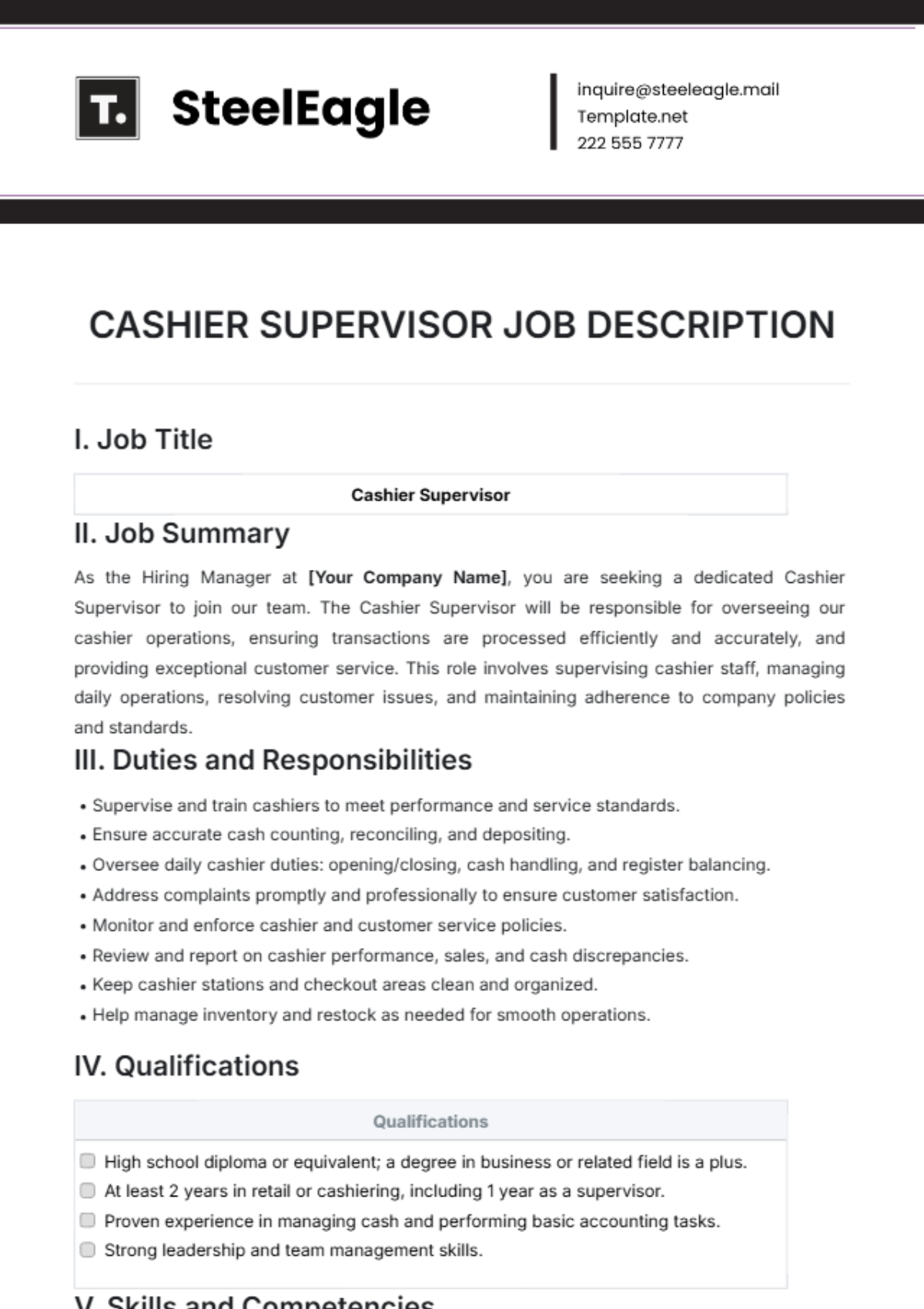 Cashier Supervisor Job Description Template - Edit Online & Download