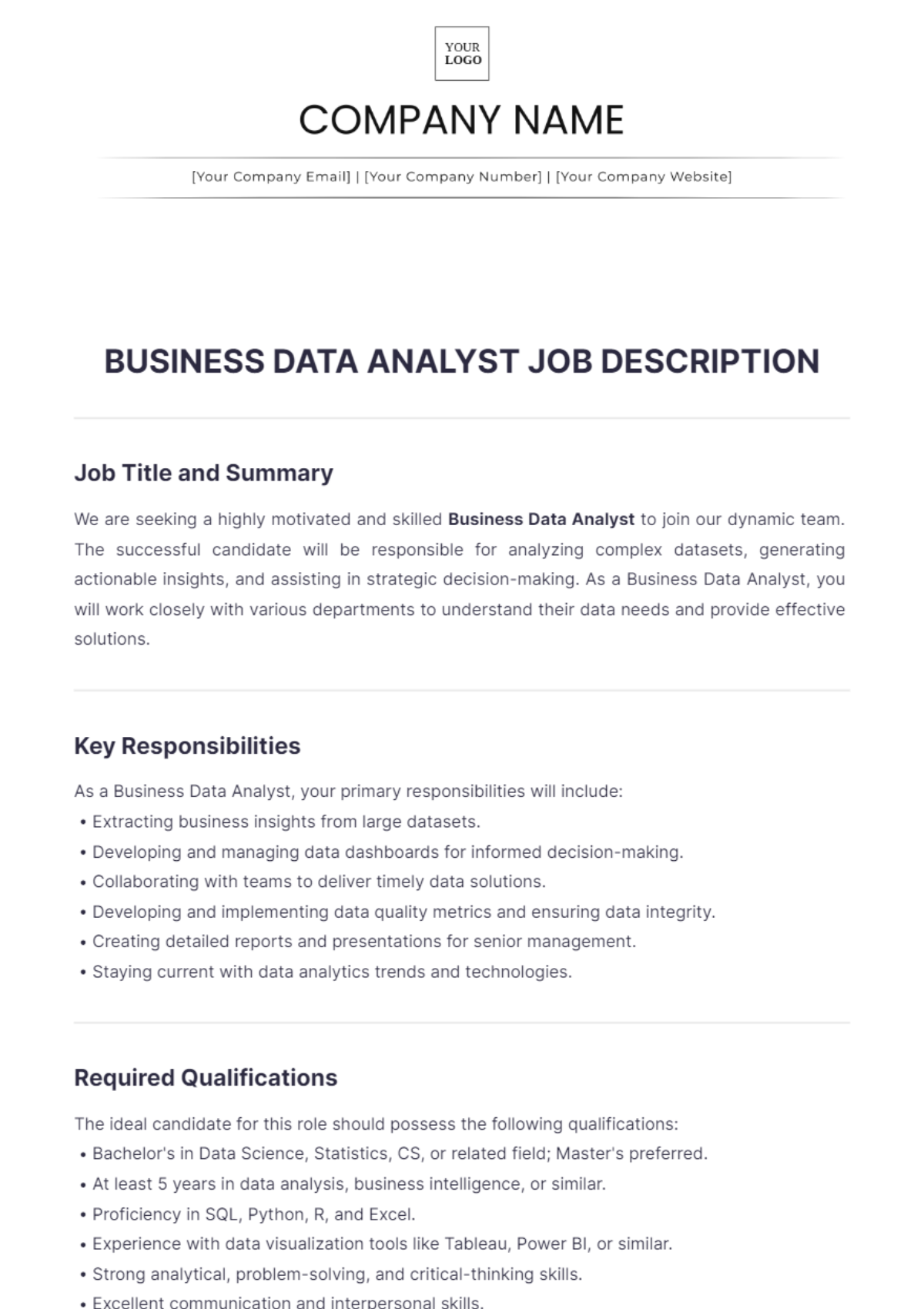 Business Data Analyst Job Description Template - Edit Online & Download