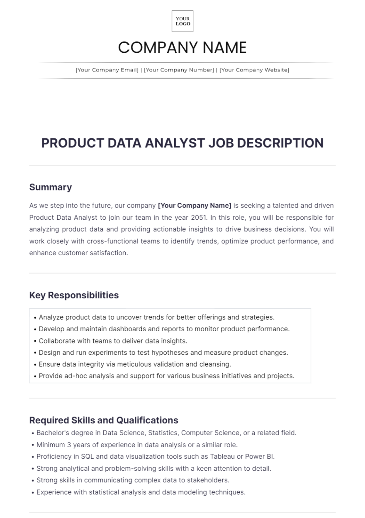 Product Data Analyst Job Description Template - Edit Online & Download