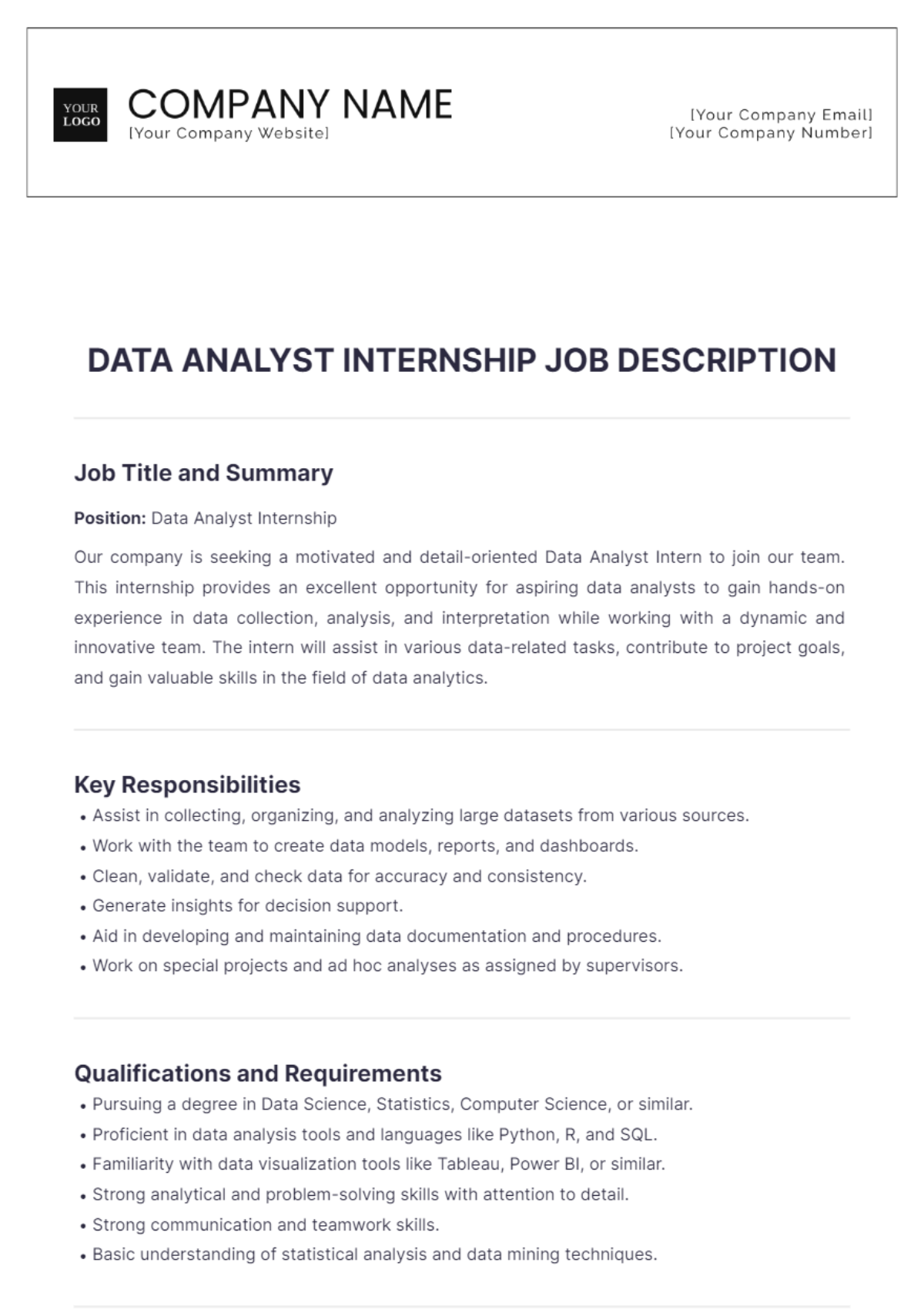 Data Analyst Internship Job Description Template - Edit Online & Download