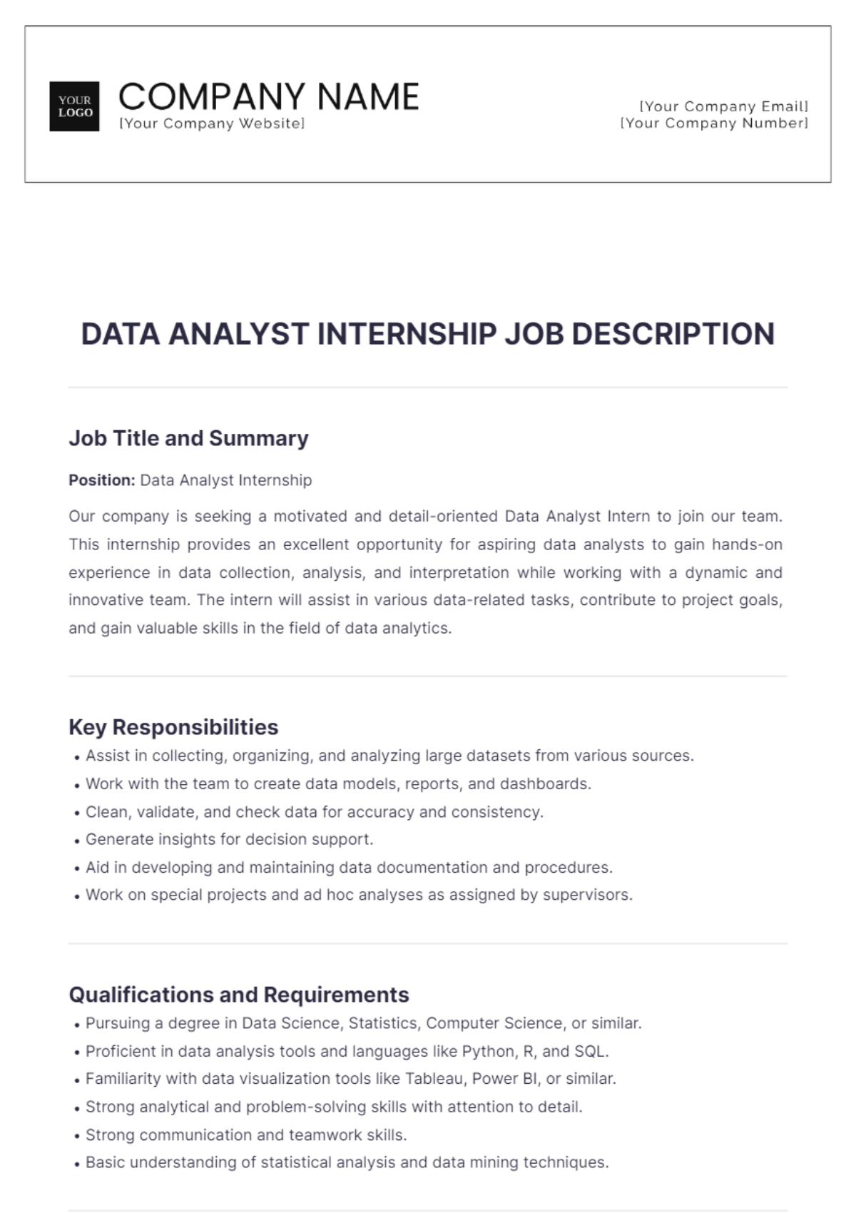 Free Data Analyst Internship Job Description Template To Edit Online