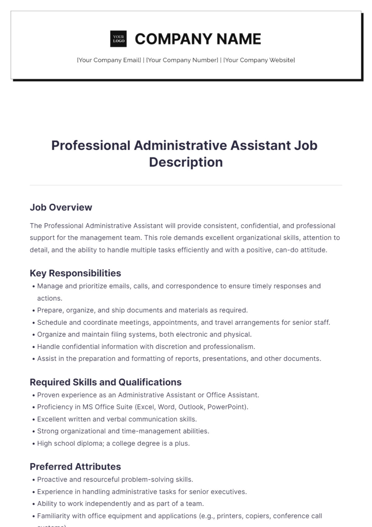 Professional Administrative Assistant Job Description Template - Edit Online & Download