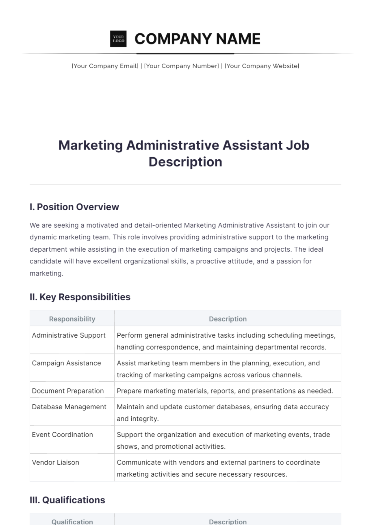 Marketing Administrative Assistant Job Description Template - Edit Online & Download