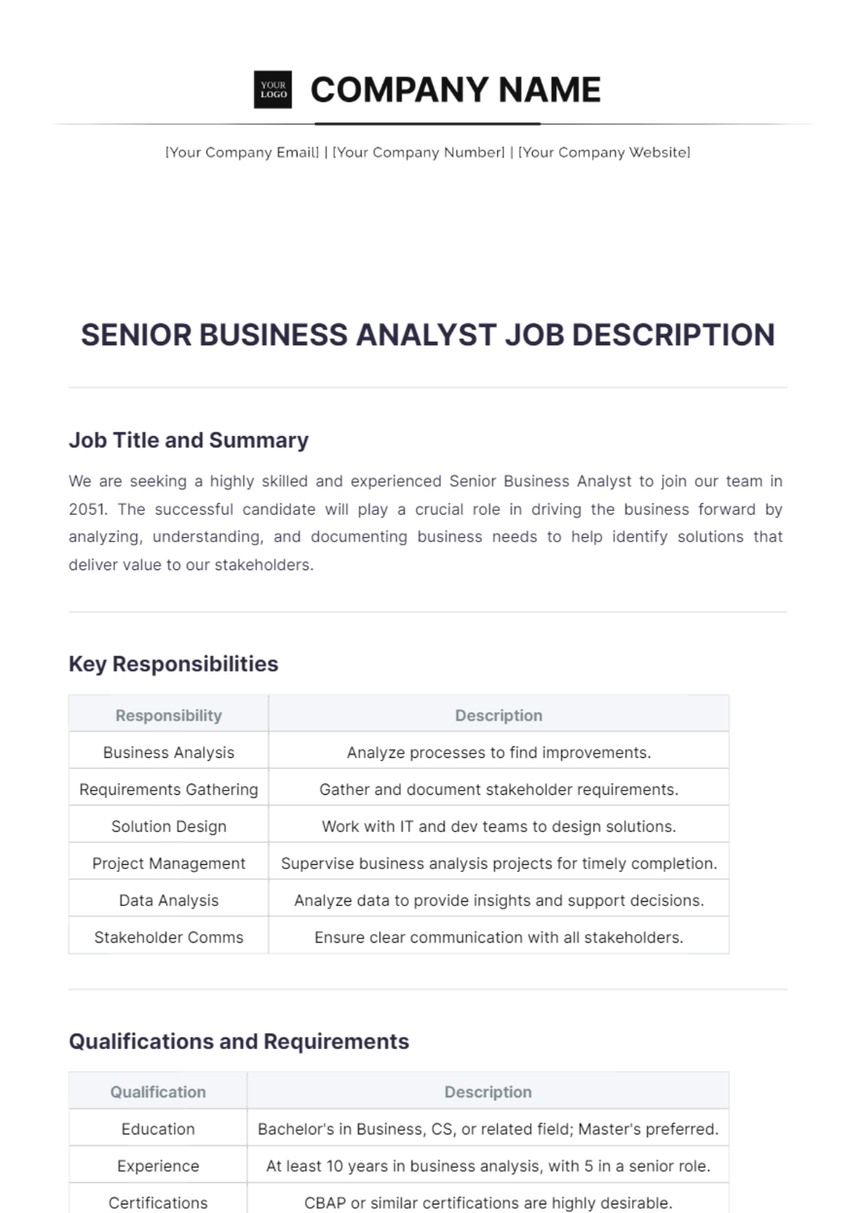 Senior Business Analyst Job Description Template - Edit Online & Download