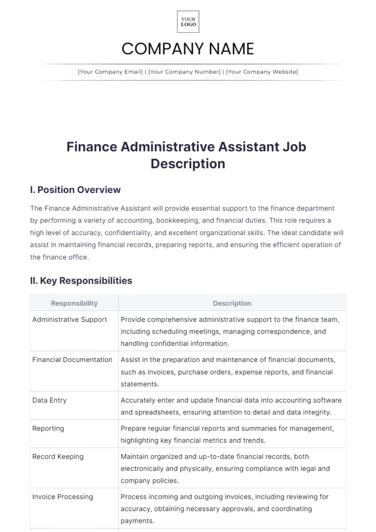 Finance Administrative Assistant Job Description Template - Edit Online & Download