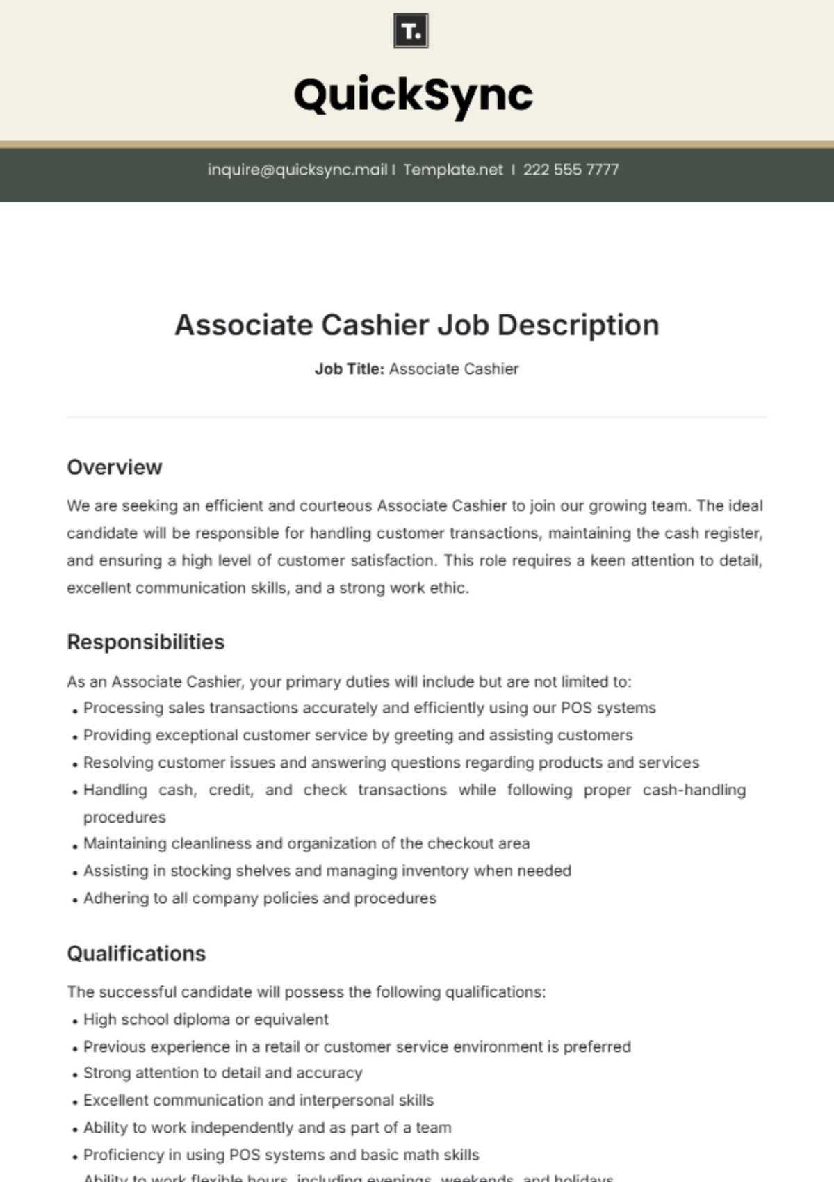 Associate Cashier Job Description Template - Edit Online & Download