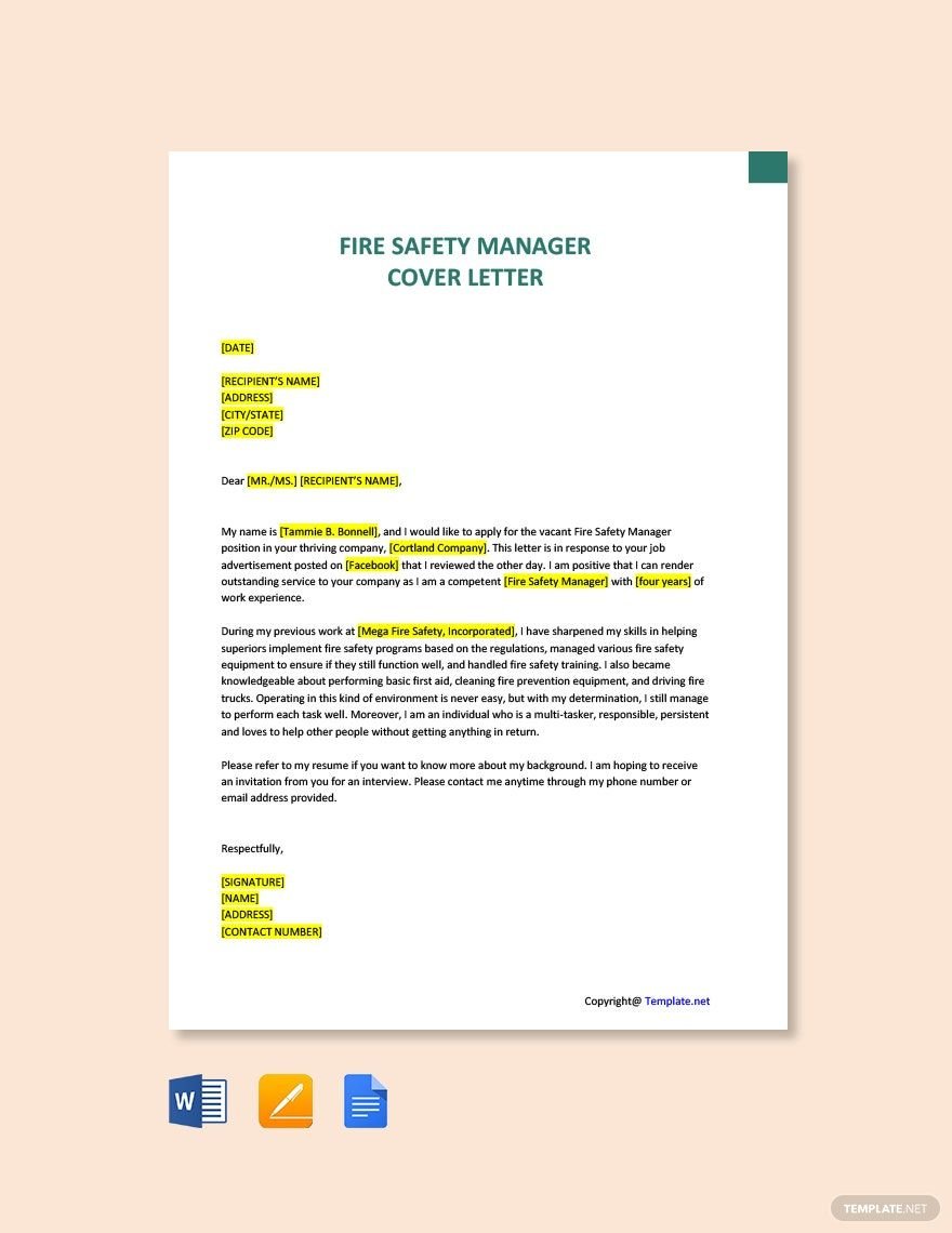 Fire Safety Manager Cover Letter Template