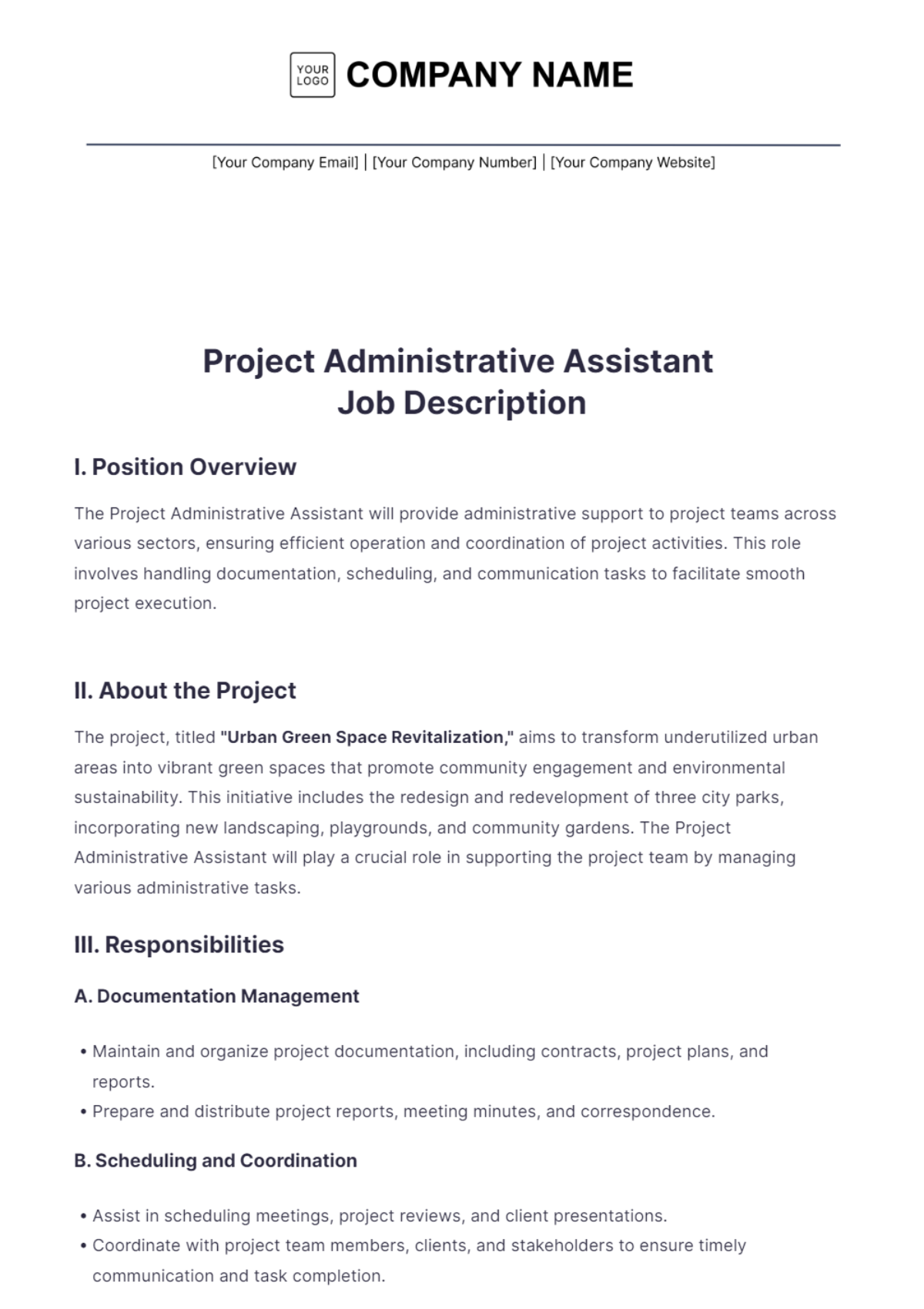 Project Administrative Assistant Job Description Template - Edit Online & Download