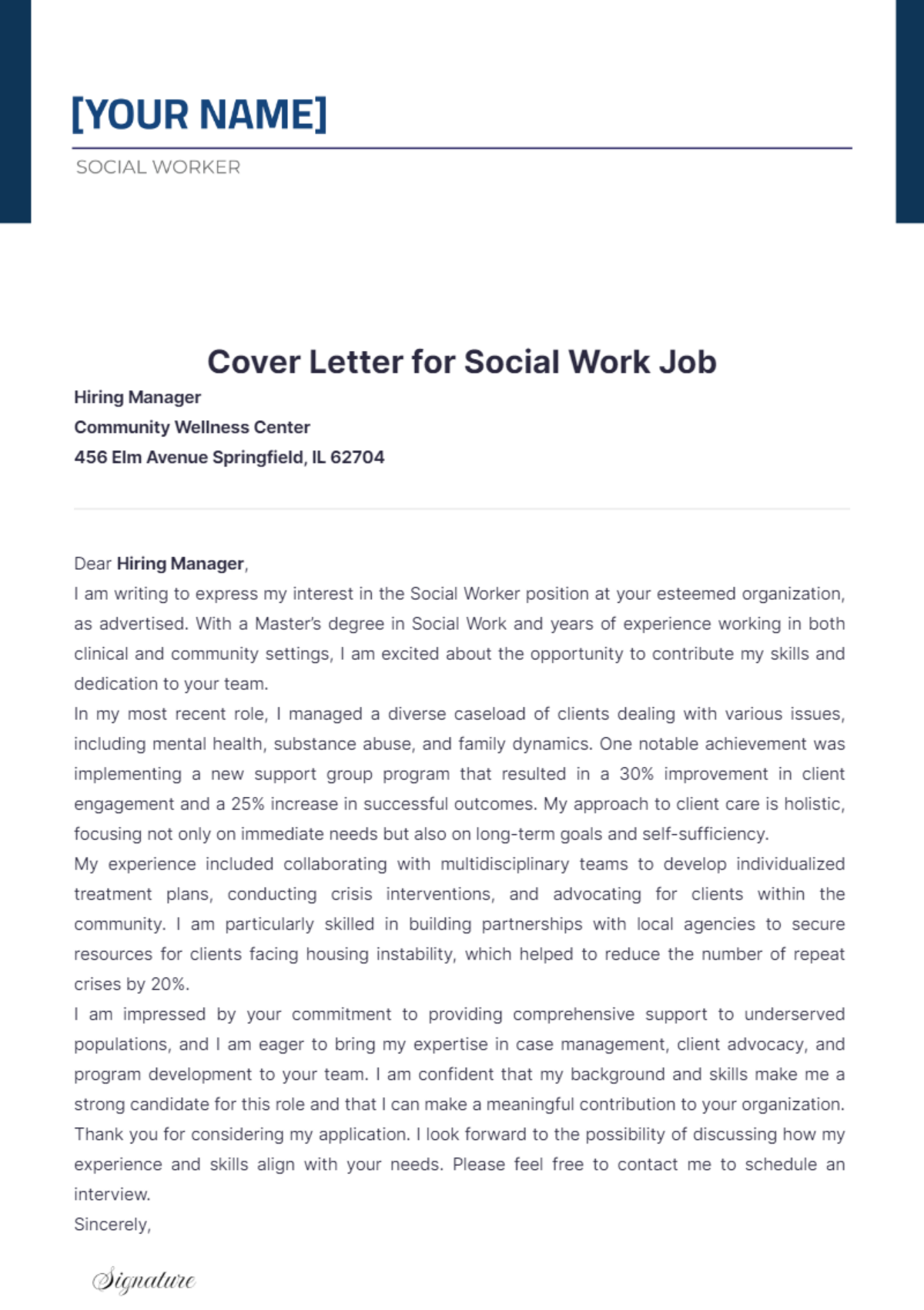 Cover Letter for Social Work Job - Edit Online & Download