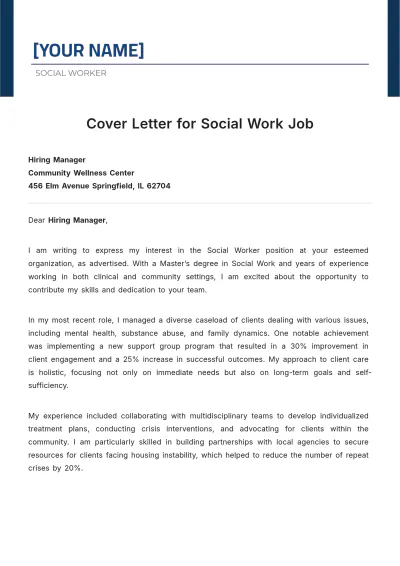 Free Cover Letter for Social Work Job to Edit Online