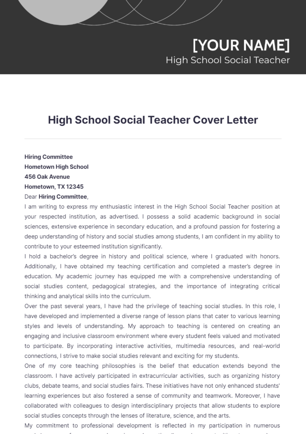 High School Social Teacher Cover Letter - Edit Online & Download