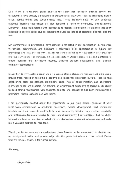 Free High School Social Teacher Cover Letter to Edit Online