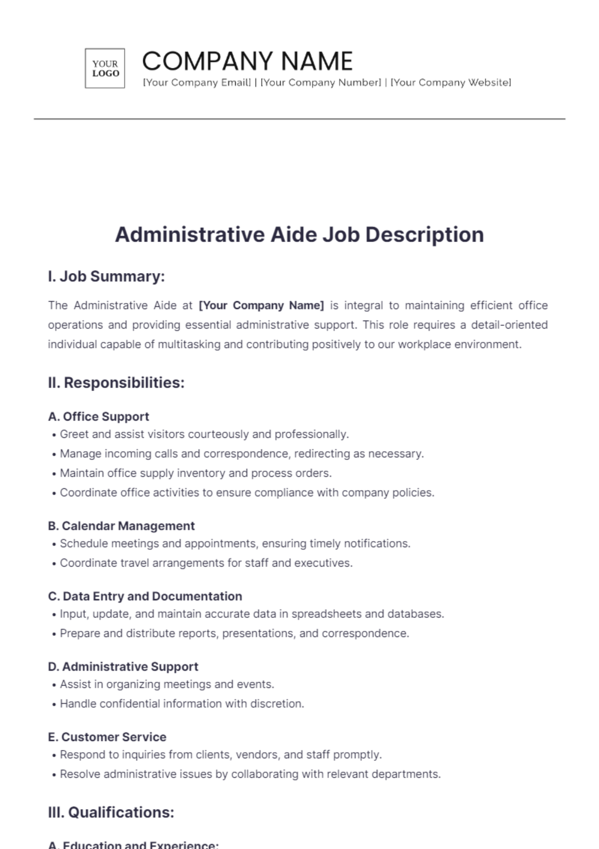 Administrative Aide Job Description Template - Edit Online & Download