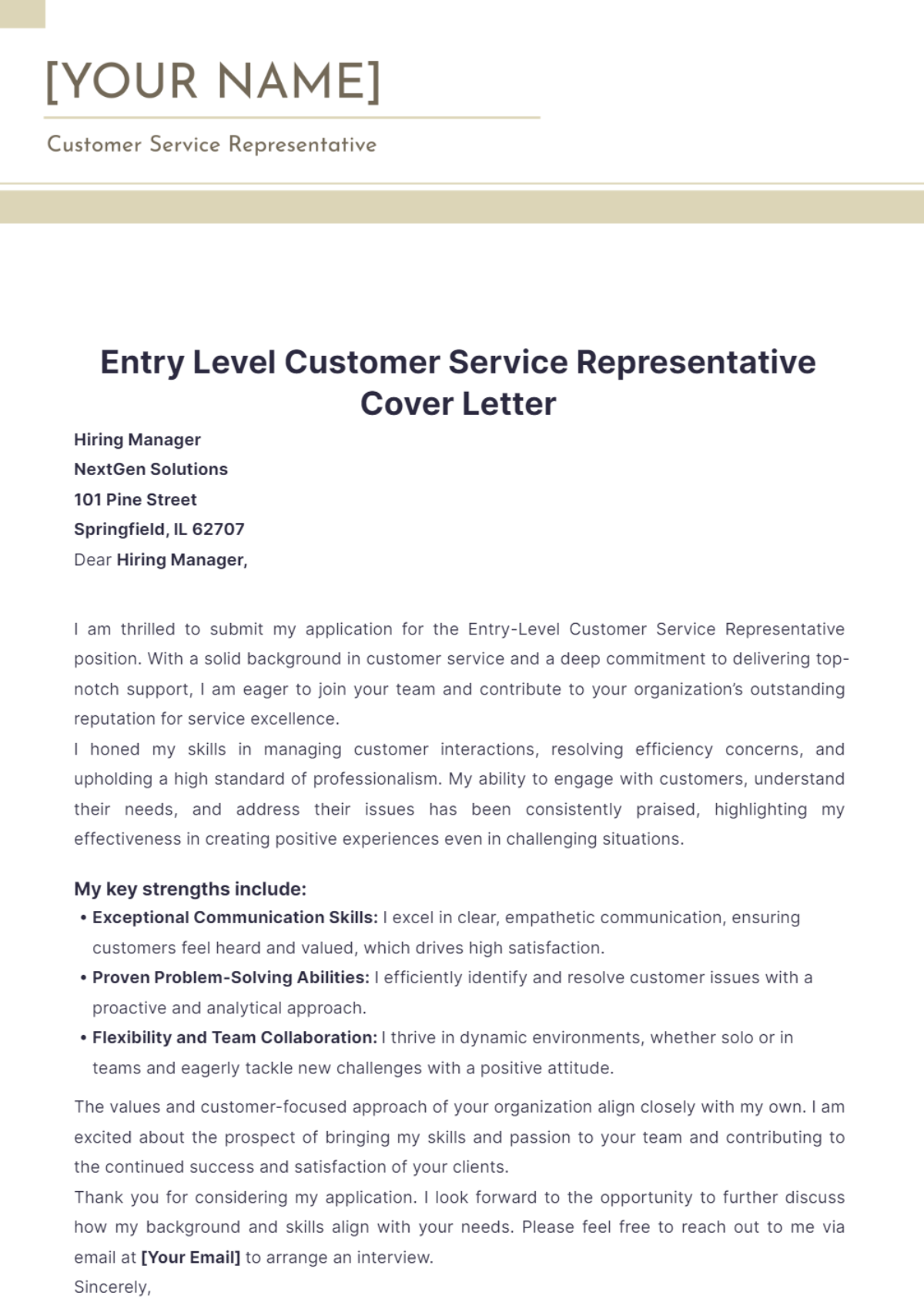 Entry Level Customer Service Representative Cover Letter