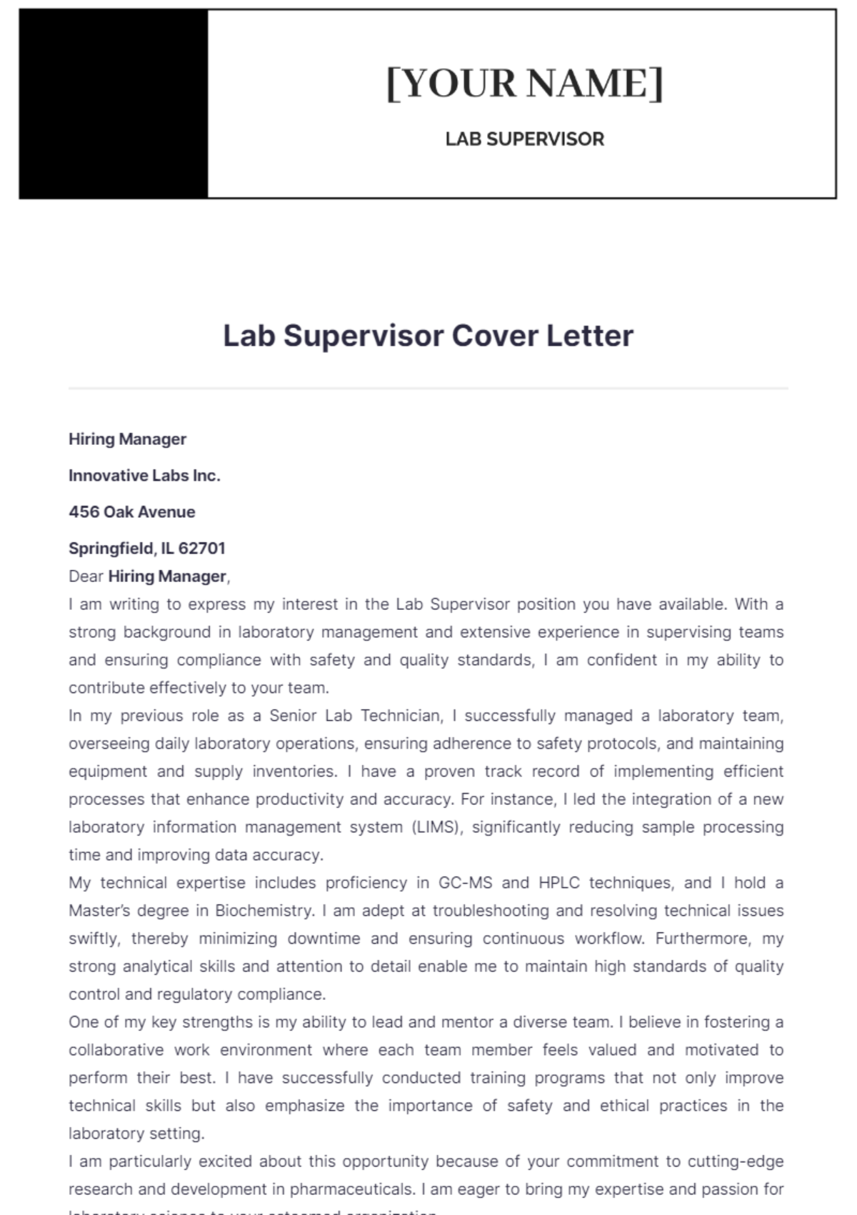 cover letter for lab supervisor