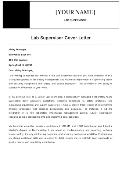 Free Lab Supervisor Cover Letter to Edit Online