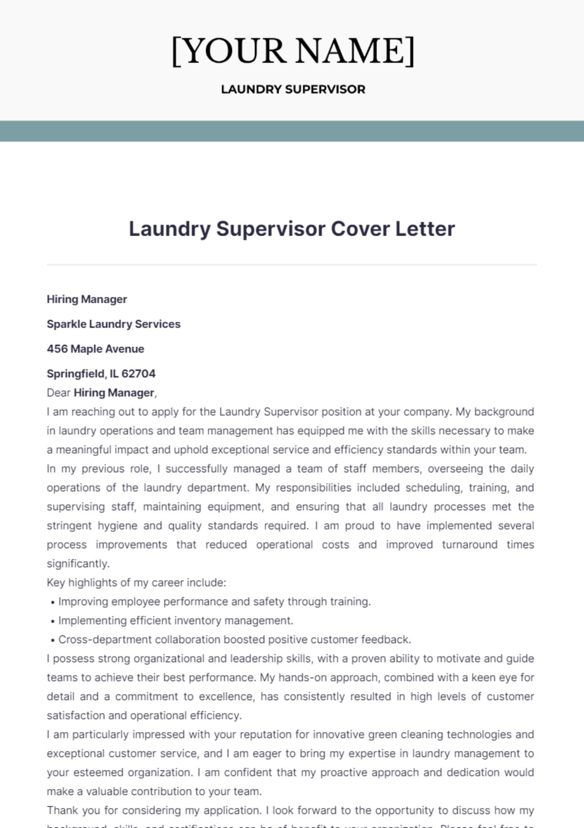 Laundry Supervisor Cover Letter - Edit Online & Download