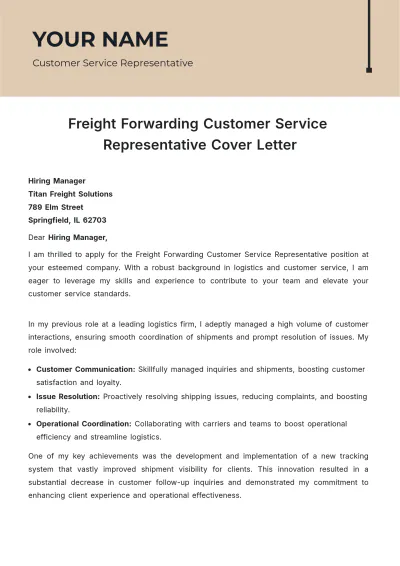 Free Freight Forwarding Customer Service Representative Cover Letter to Edit Online