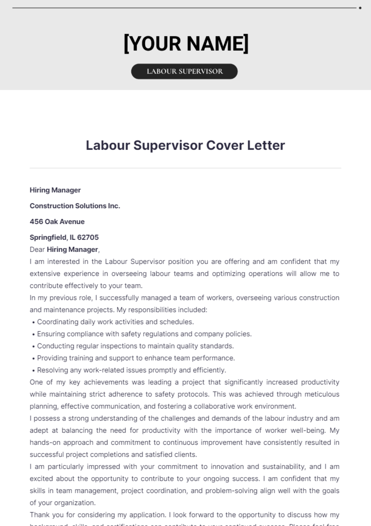 Labour Supervisor Cover Letter - Edit Online & Download