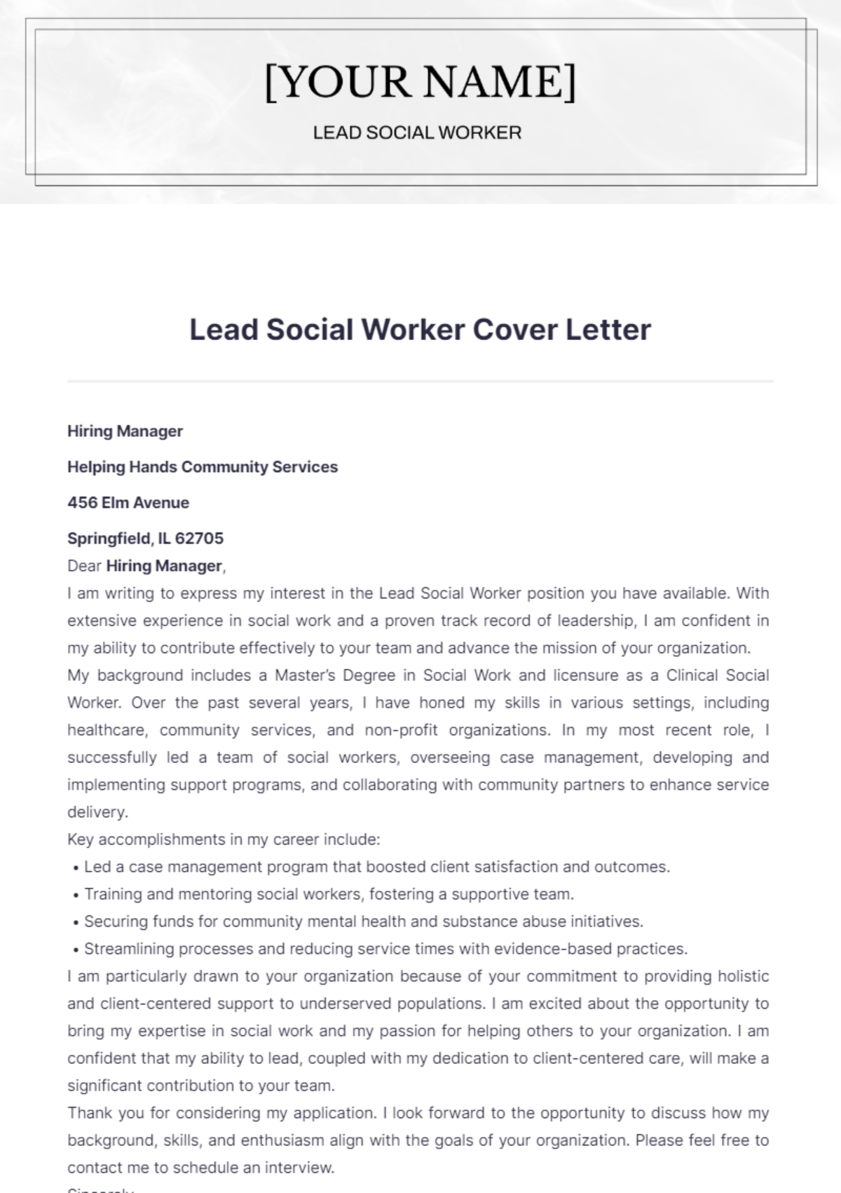 Lead Social Worker Cover Letter - Edit Online & Download