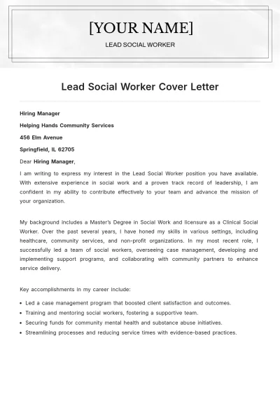 Free Lead Social Worker Cover Letter to Edit Online