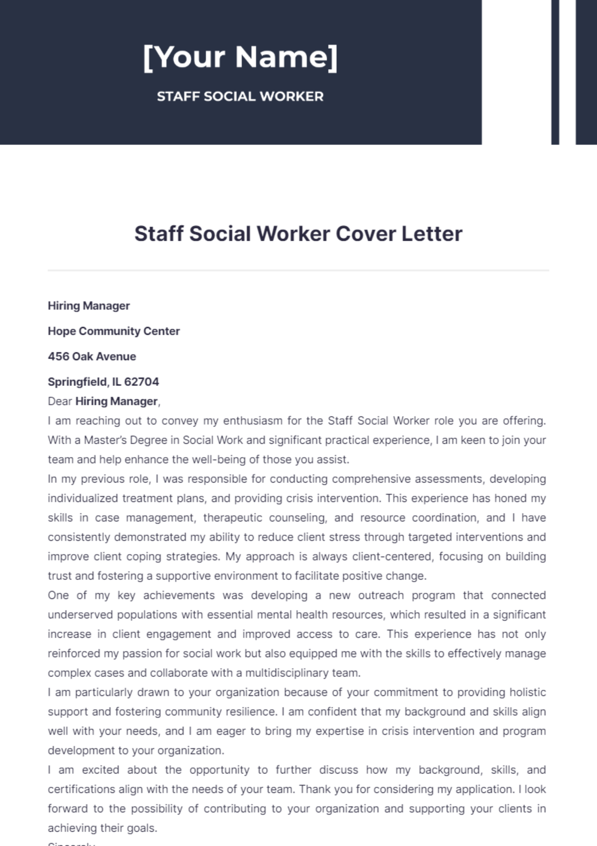 Staff Social Worker Cover Letter