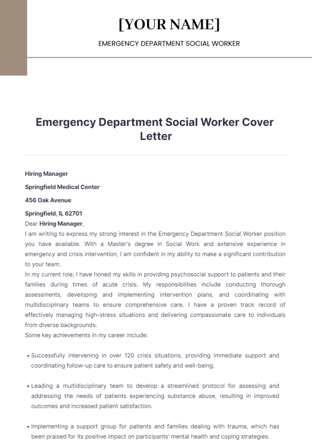 Emergency Department Social Worker Cover Letter