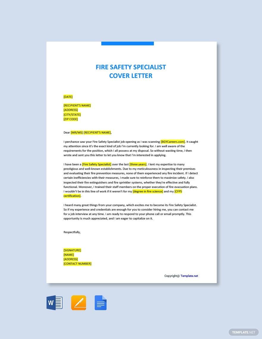 Fire Safety Specialist Cover Letter Template in Word, Google Docs, PDF, Apple Pages