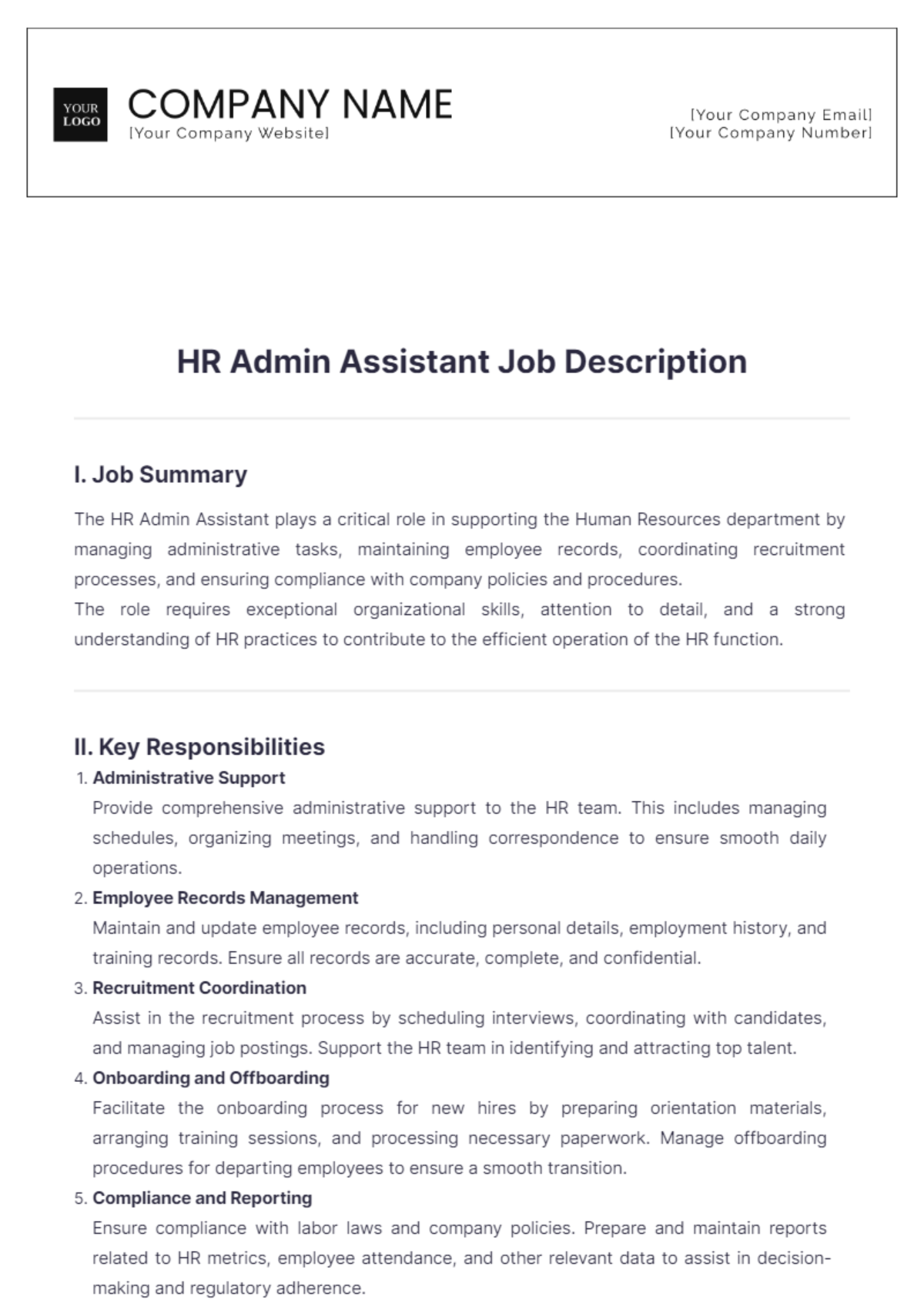 HR Admin Assistant Job Description Template - Edit Online & Download