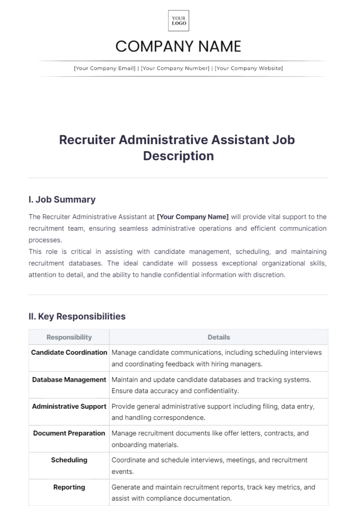 Recruiter Administrative Assistant Job Description Template - Edit Online & Download