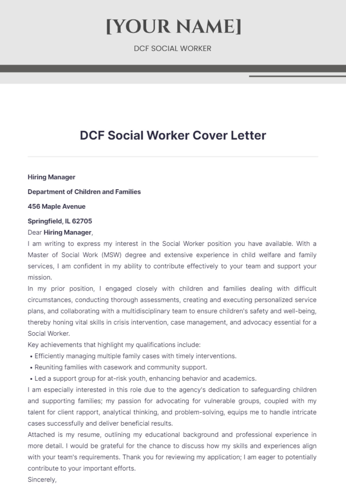 DCF Social Worker Cover Letter - Edit Online & Download