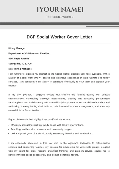 Free DCF Social Worker Cover Letter to Edit Online