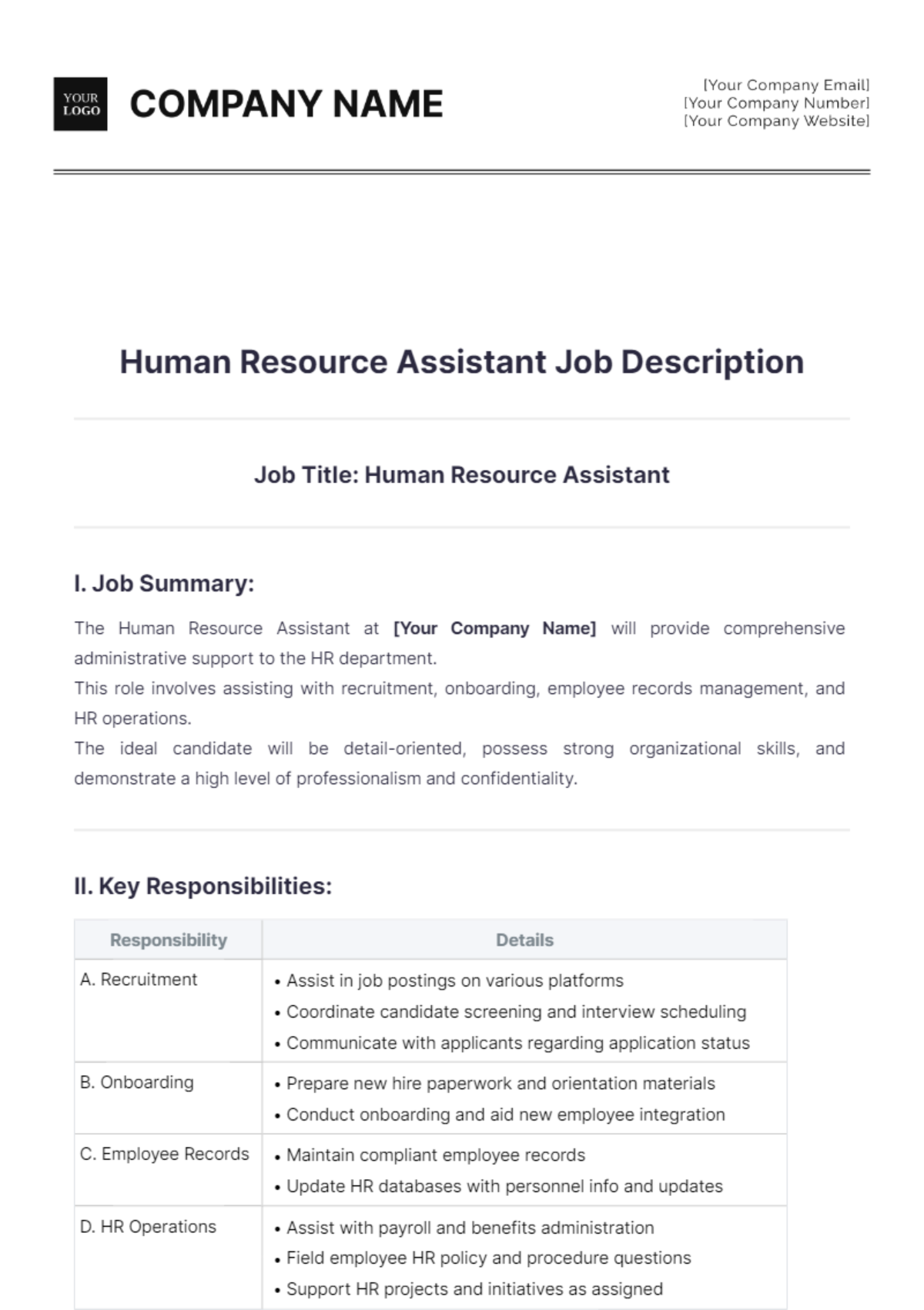 Human Resource Assistant Job Description Template - Edit Online & Download