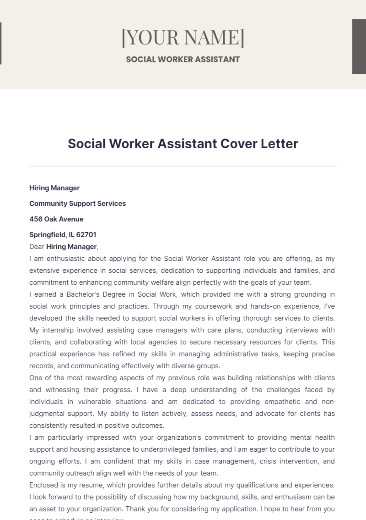 Social Worker Assistant Cover Letter - Edit Online & Download