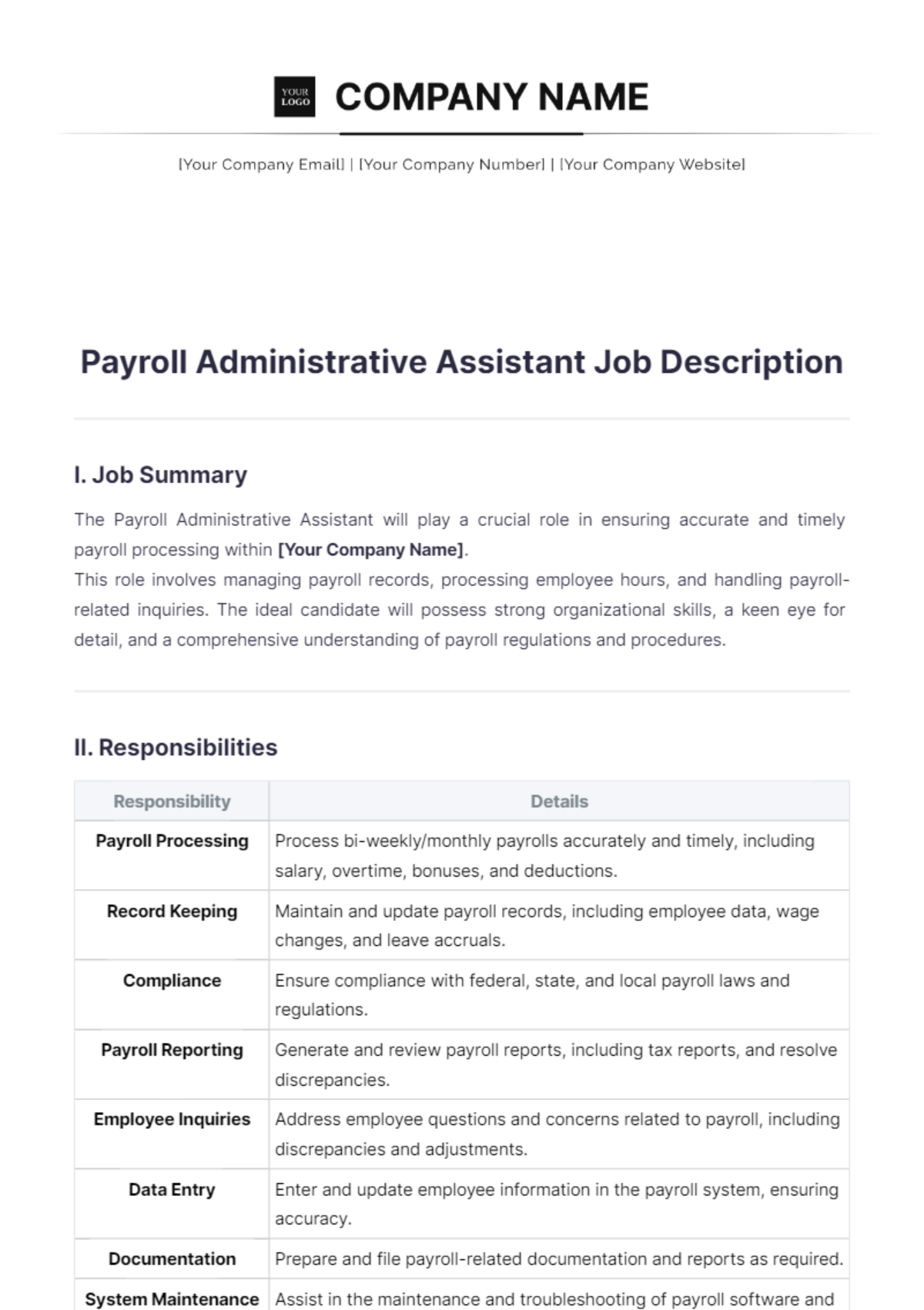 Free Payroll Administrative Assistant Job Description Template to Edit ...