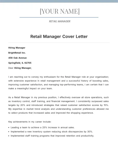 Free Retail Manager Cover Letter to Edit Online