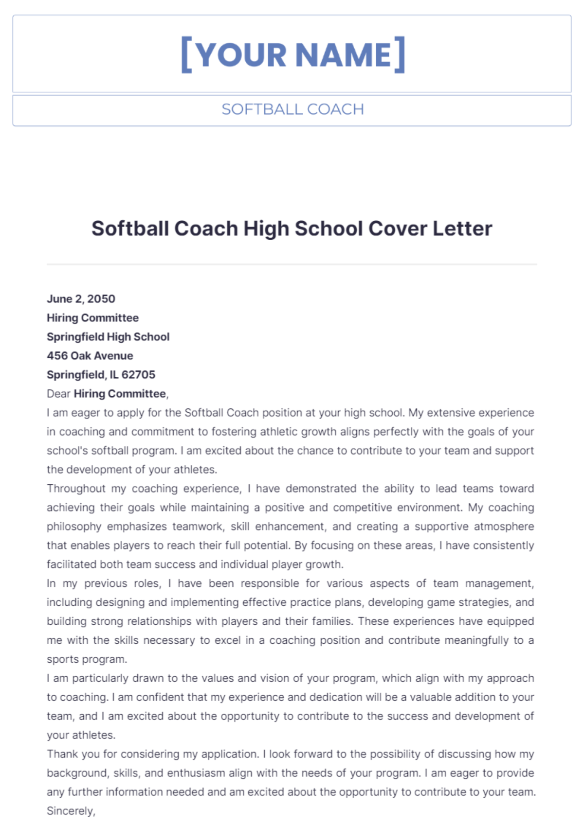 Softball Coach High School Cover Letter