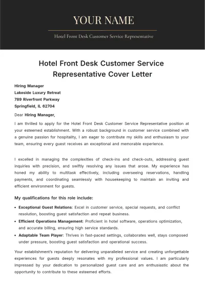 Free Hotel Front Desk Customer Service Representative Cover Letter to Edit Online