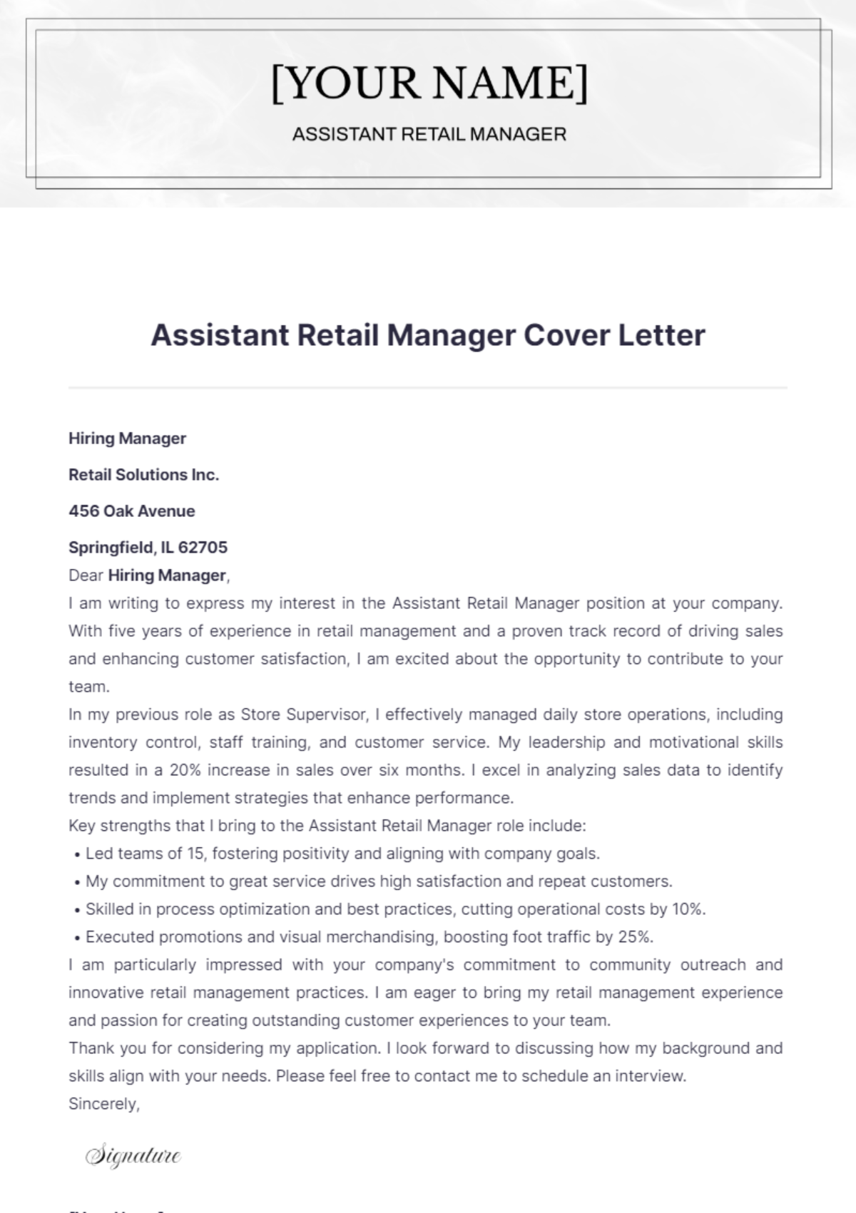 Assistant Retail Manager Cover Letter - Edit Online & Download