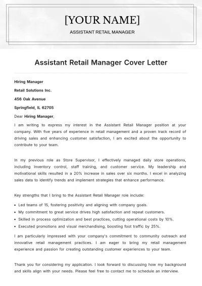 Free Assistant Retail Manager Cover Letter to Edit Online