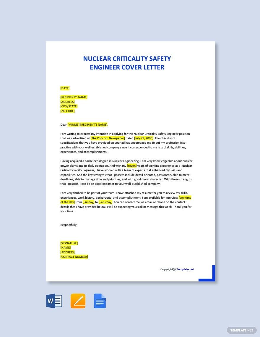 Nuclear Criticality Safety Engineer Cover Letter Template