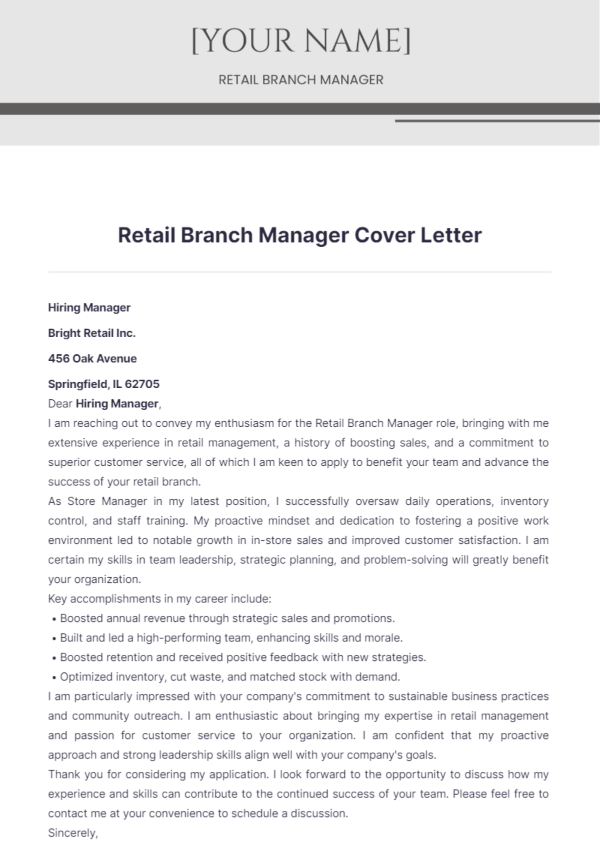 Retail Branch Manager Cover Letter - Edit Online & Download