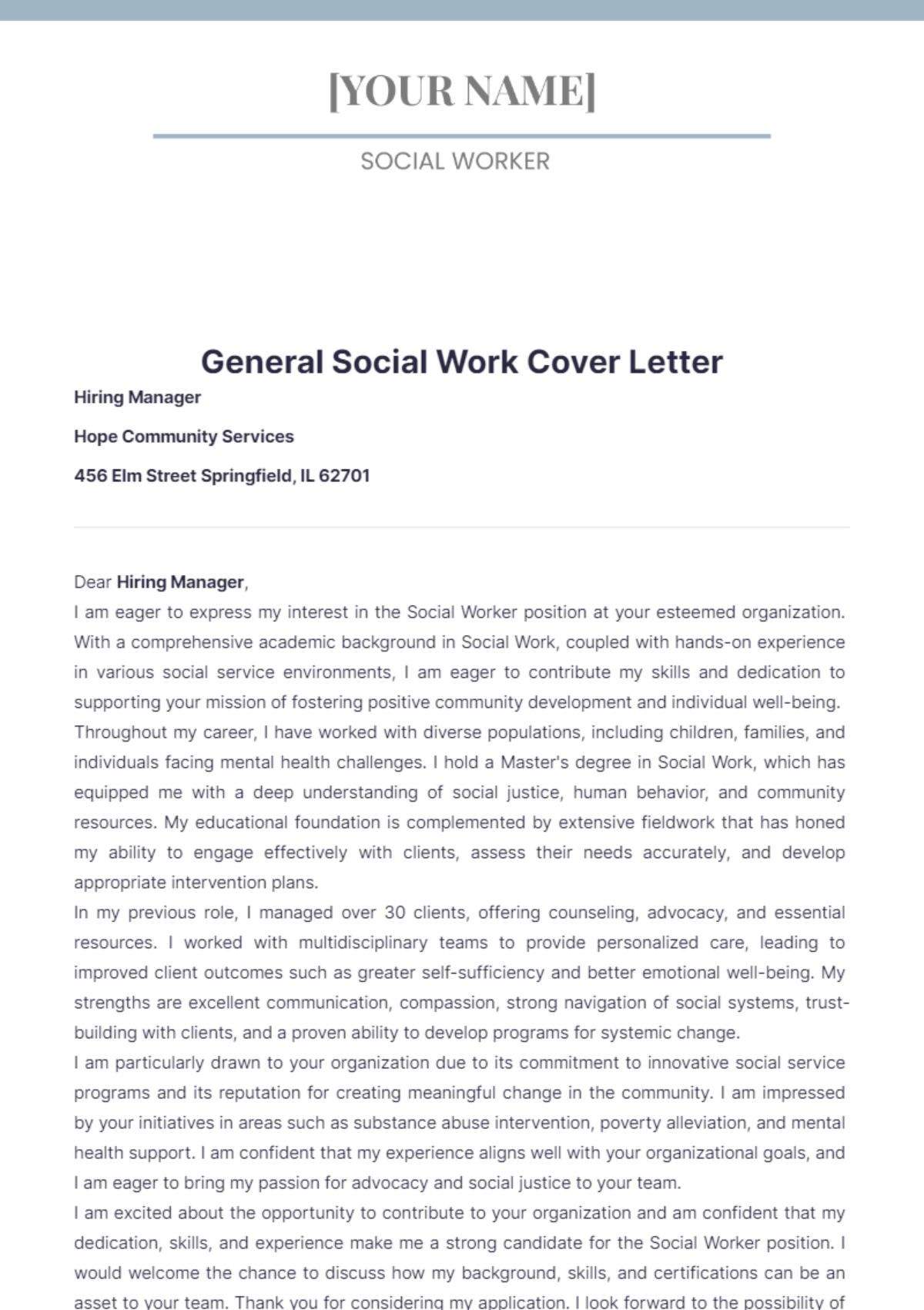 General Social Work Cover Letter - Edit Online & Download