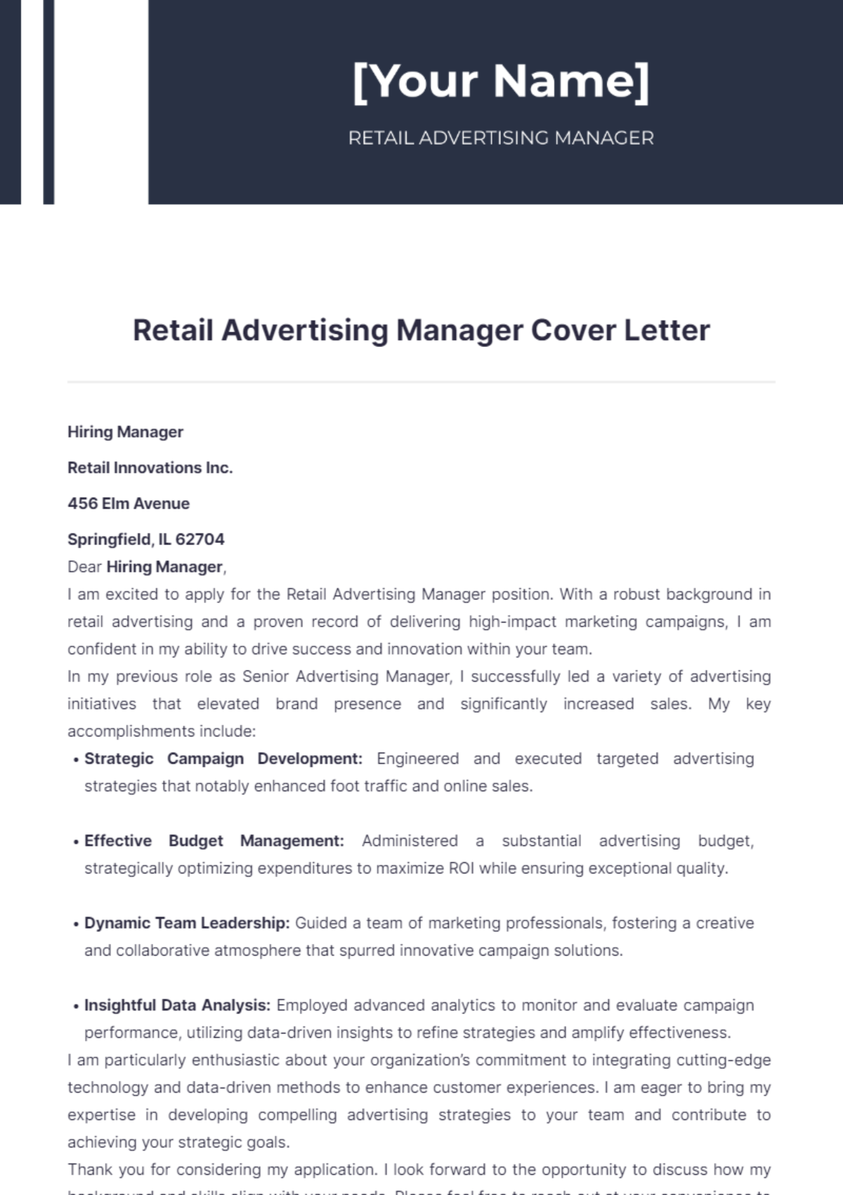 Retail Advertising Manager Cover Letter - Edit Online & Download